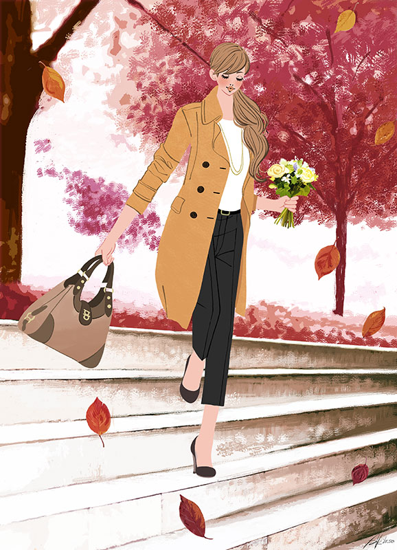 秋　紅葉　花束を持って階段を降りるコートの女性のイラスト
