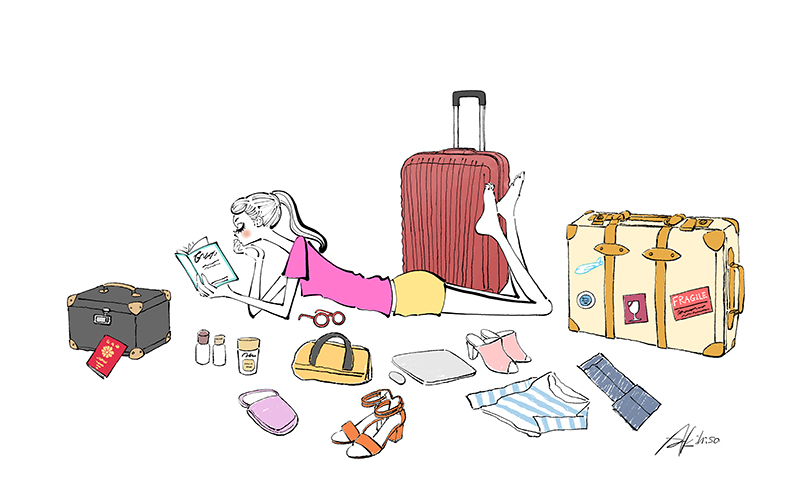 旅行の準備をする女の子,スーツケース,読書,寝転ぶ,うつ伏せ,イラスト制作