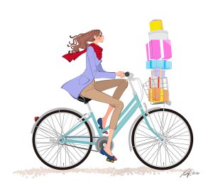 クリスマス、自転車にプレゼントを載せて走るマフラーとコートの女の子のイラスト