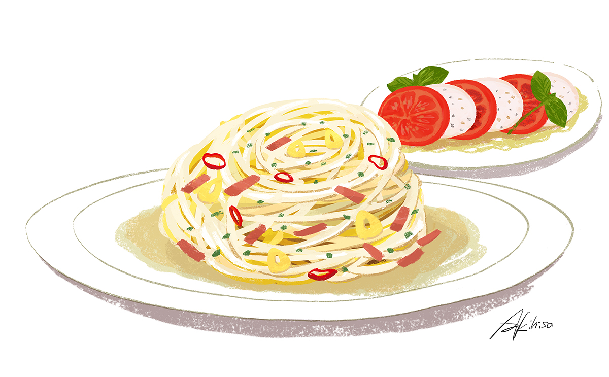 イラスト／村上春樹「ハムのペペロンチーノとモッツァレラチーズとトマトのサラダ」