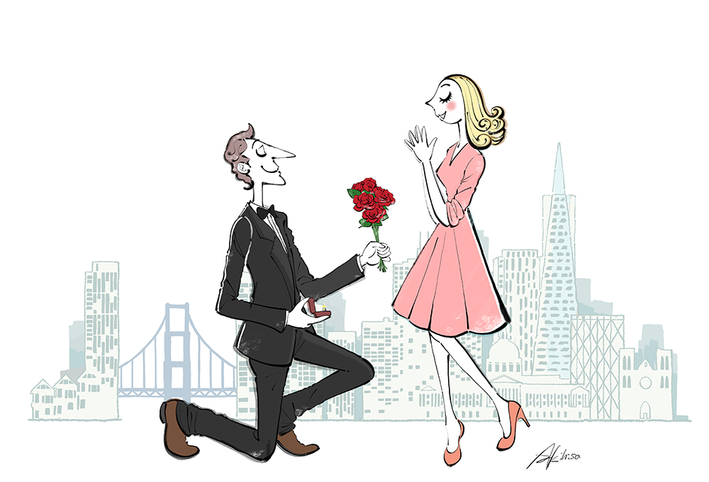 薔薇（バラ）の花束を渡す男性と女性のイラスト