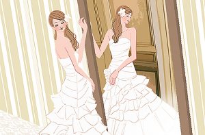 イラスト／結婚式の日・控え室で鏡の前に立つウェディングドレスの女性