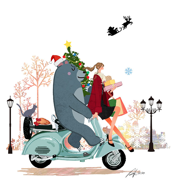 クリスマスツリーとプレゼントを持ってスクーターに乗る女の子と熊のイラスト