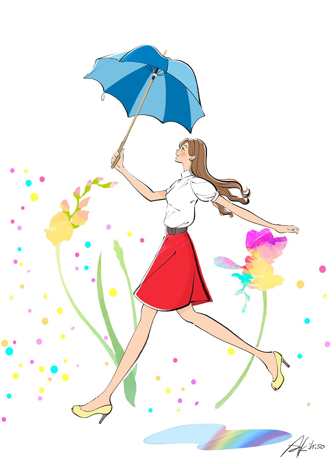 傘を持つ女性のイラスト。雨上がり、明るい未来へ向かって