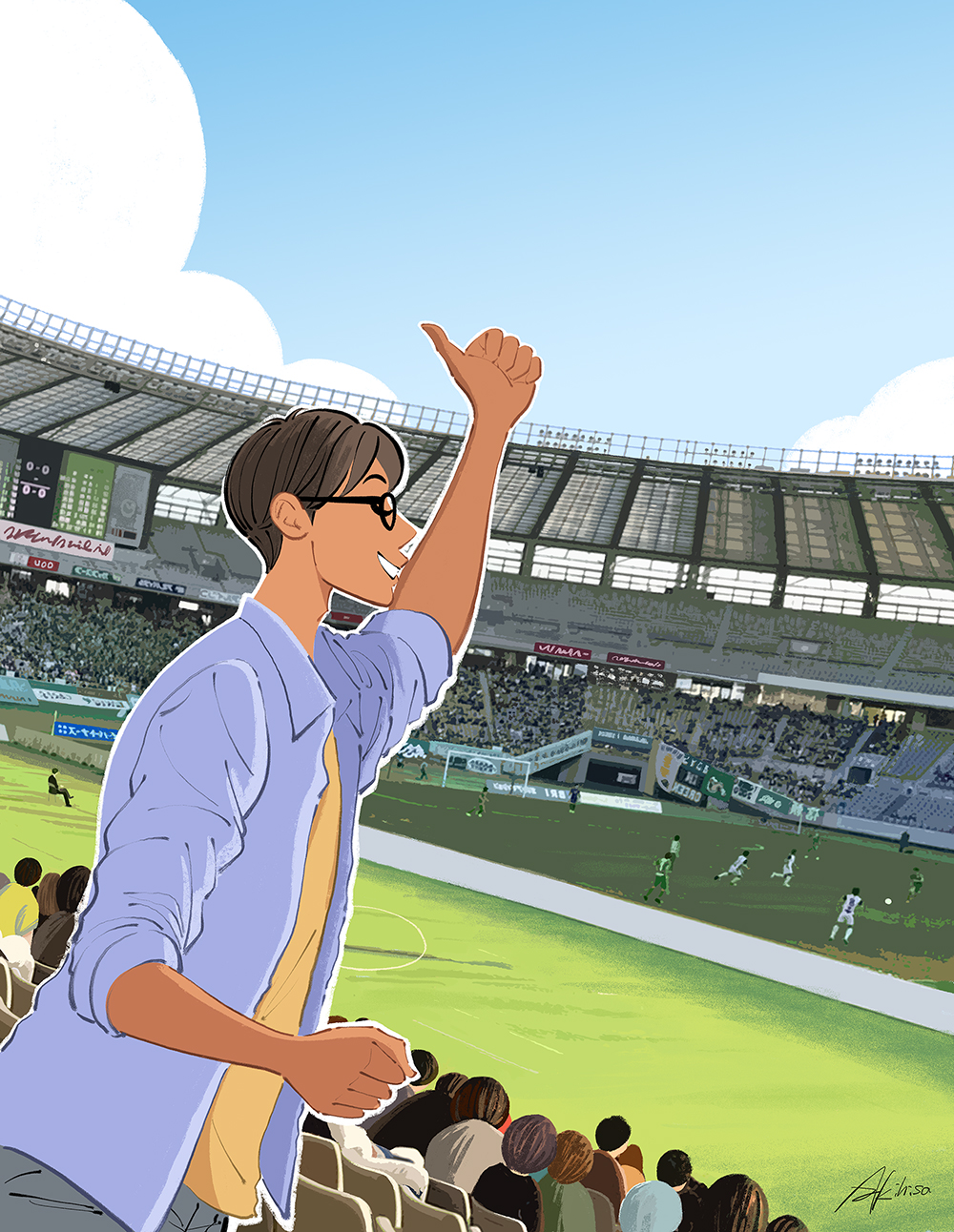 イラスト／「キャプテン翼」高橋陽一さんインタビュー記事挿絵　サッカー観戦する男性のイラスト