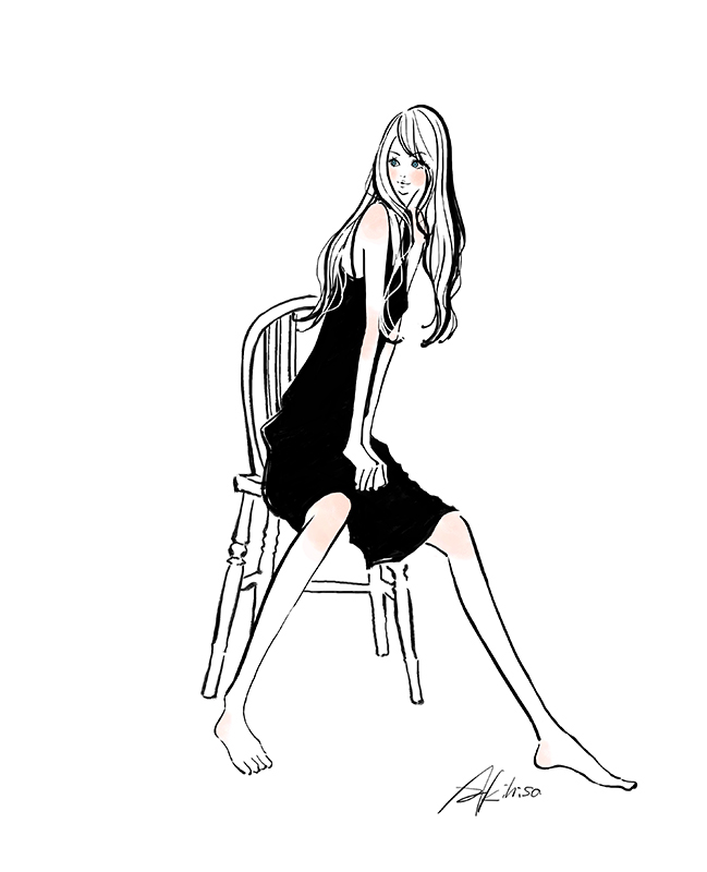 アナログで描く_椅子に座るドレスを着た女性のイラスト
