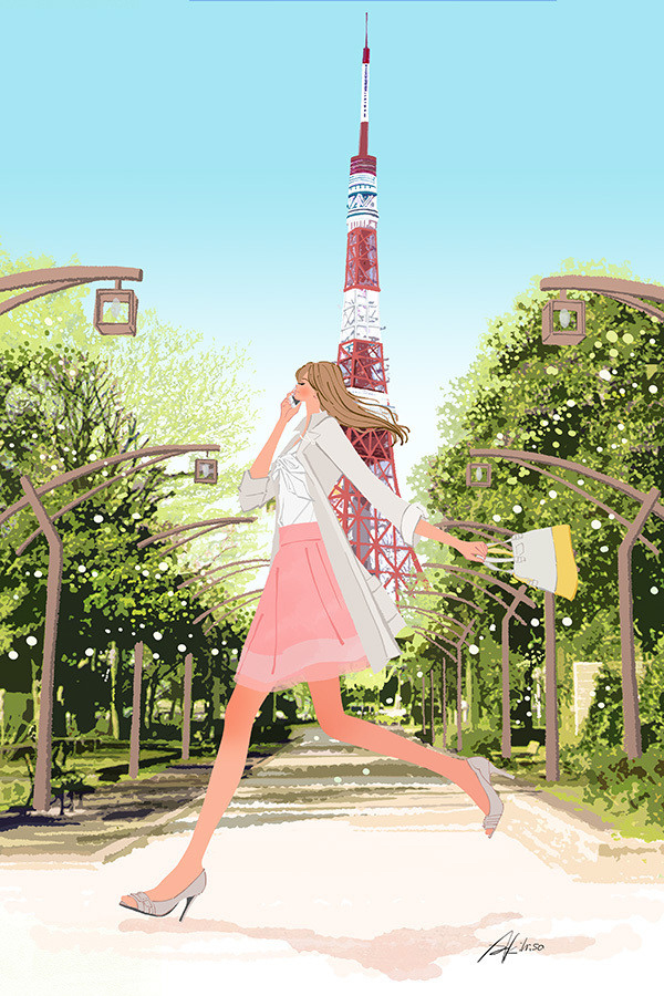 東京タワー_スマホで電話かけながら走る女の子のイラスト