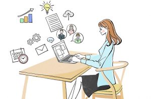 在宅ワーク_リモートワークでパソコンで仕事する女性のイラスト