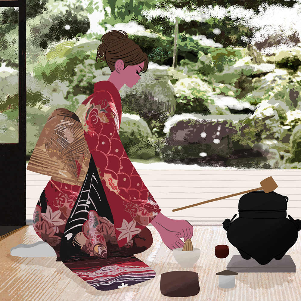 20201230_iof019_新年・着物姿でお茶をたてる女性のイラスト