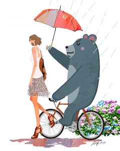 雨降りの中を歩く女性と傘を差す熊のイラスト