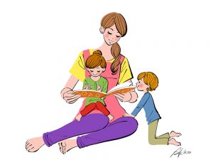 子供に絵本を読むお母さん、保育士のイラスト