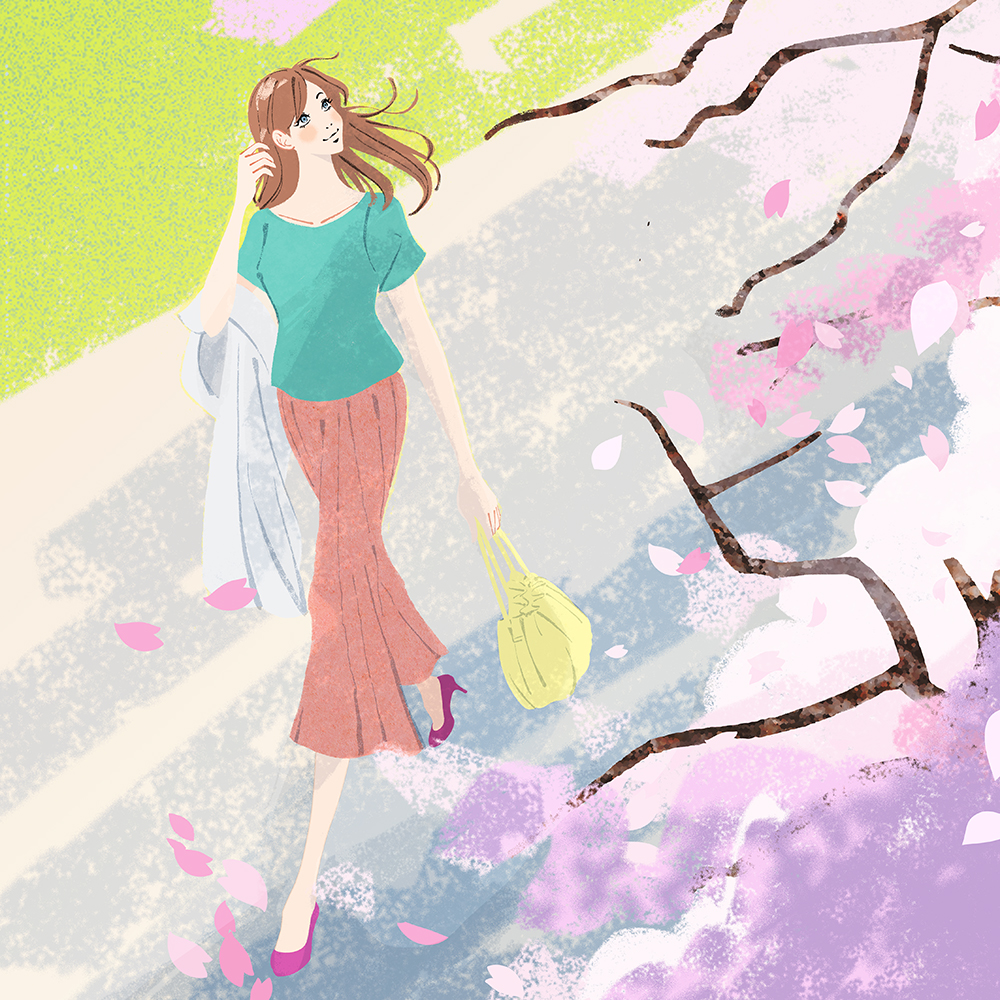 春、桜の下を歩く女性のイラスト